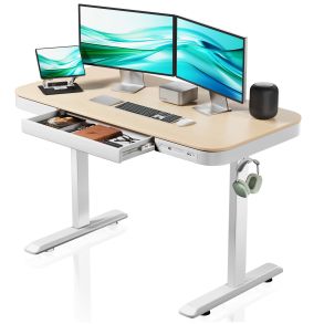 Skrivebord med trdls opladning - Beige hve snkebord - 118x60 cm (USB-A & USB-C tilslutning)