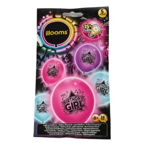 LED Birthday Girl Ballon - Farvemix - Antal 5 stk