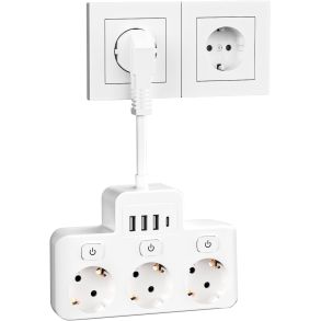 Stikdse - Kort forlngerledning 10 cm - 3 stikkontakter & 1x USB-C(5V 3,4A)& 3x USB-A (5V 3,1A)