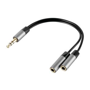 Aux Kabel Splitter Slim - Kabellngde 10 cm. - 3,5 mm. hanstik til 2x 3,5 mm. hun stik