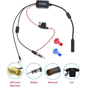 DAB-& FM Antenne split adapter - 12-24V M/ Forstrker & DIN / SMB stik 