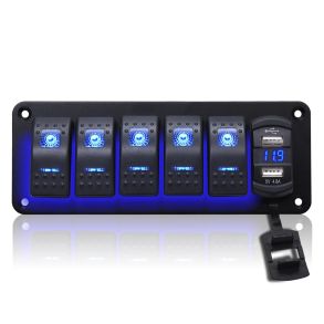 Kontaktpanel Med 5x On/Off Kontakter & 2x USB 4.8A - Bl�t Led Lys & M�rkater - 12V-24V
