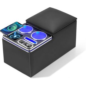 Opbevaringsboks/arml�n med tr�dl�s opladning 12V - Med kopholdere & opbevaringsrum - Universal 45x28x22,5 cm