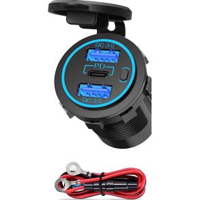 2x USB-Udtag (QC 3.0) & 1x PD-Udtag (Type C) Hurtigopladning - 12V (30W) M/ On/Off 