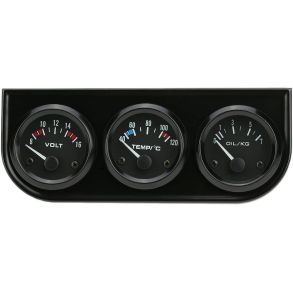 Instrumentpanel 12V Med 3 Ure - Voltmeter / Olietryk- & Vandtemperaturmler - Sort 52 mm