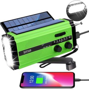 Ndradio Med hndsving - Vandtt Batteridrevet/Solcelle -  kompas, LED Lommelygte & Powerbank
