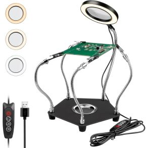 Loddeholder med 4 fleksible arme - 3x forst�rrelsesglas & justerbart LED-lys - Med USB