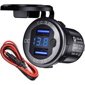 2x USB-Udtag Hurtigopladning (QC 3.0) (12V-24V) - Med Voltmeter & On/Off 