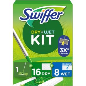 Swiffer Floor Mop - Dry+Wet Kit - 16x Dry Cloths, 8x Wet Cloths & Floor Mop