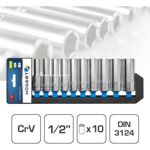 Toppe s�t sekskantet �'' - H�gert Technik 10 stk lange toppe - Robust krom-vanadium st�l