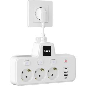 Stikd�se - Kort forl�ngerledning 5 cm - 3 stikkontakter & 2x USB-C�(5V 2,4A)�& 2x USB-A (5V 2,4A)