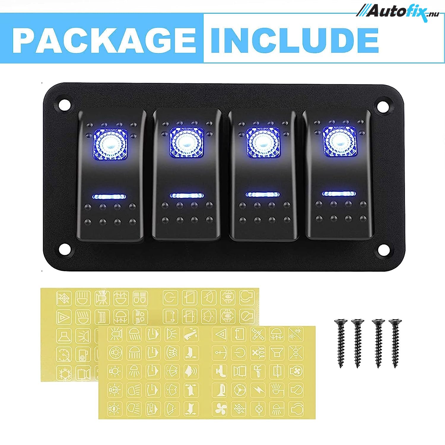 Kontaktpanel Med 4x On/Off Kontakter - Blåt Led Lys & Mærkater - 12V ...