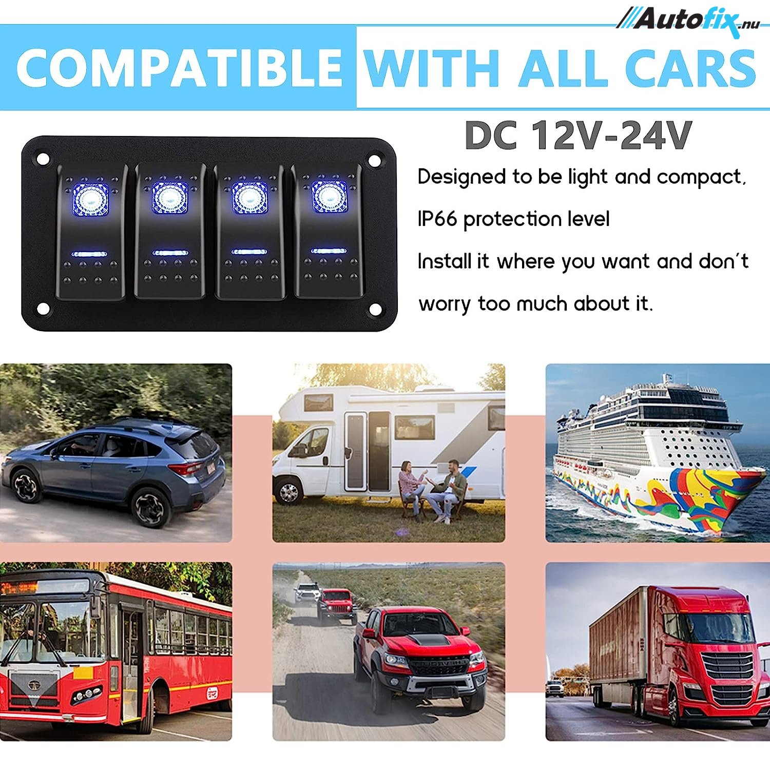 Kontaktpanel Med 4x On/Off Kontakter - Blåt Led Lys & Mærkater - 12V ...