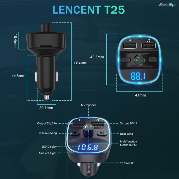 Bluetooth FM Transmitter LENCENT T25 Håndfri Telefoni & 2X USB