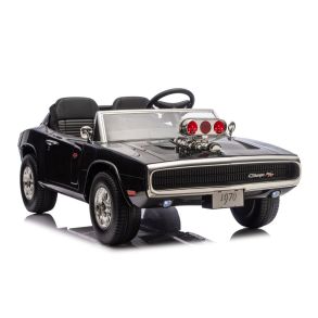 Elbil til b�rn - Ikoniske Dodge 1970 Sort - Med r�gfunktion, lys, lyd & musik