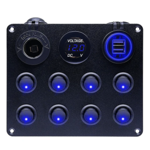 Strmudtag panel universal 12-24V - USB-udtag, Strmudtag & voltmeter - Med 8x on/off kontakter