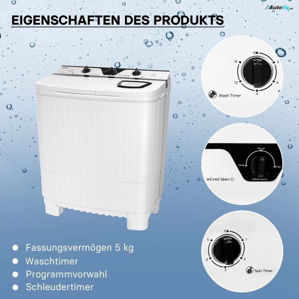 Camping Vaskemaskine Transportabel 230V / 350W Kapacitet 5 kg Mål